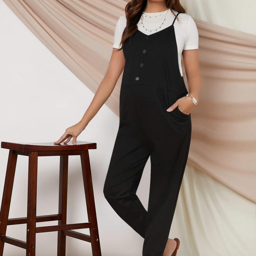 MATERNITY Black button up cami jumpsuit pocket cozy - Picture 8 of 10